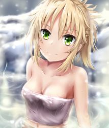 Rule 34 | 1girl, ashfair, blonde hair, breasts, cleavage, covered erect nipples, fate/apocrypha, fate (series), green eyes, looking at viewer, medium breasts, mordred (fate), mordred (fate/apocrypha), naked towel, navel, onsen, partially submerged, smile, solo, steam, towel