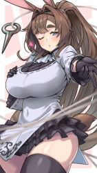 Rule 34 | 1girl, animal ears, black gloves, black tank top, blush, breasts, brown hair, commission, covered navel, dress, gloves, hand on own chest, heart, large breasts, long hair, looking at viewer, mi2mi2 minmi, one eye closed, original, ponytail, purple eyes, rabbit ears, rabbit girl, rabbit tail, simple background, skeb commission, solo, tail, tank top, thick eyebrows, thighhighs, very long hair