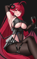 Rule 34 | 1girl, absurdres, ahoge, arm up, armpits, azur lane, bare shoulders, black gloves, black headband, black horns, black pantyhose, black skirt, breasts, center frills, clothing cutout, covered navel, cowboy shot, cup, curled horns, demon girl, demon wings, drinking glass, elbow gloves, frilled gloves, frills, gloves, hair intakes, headband, heart, highres, hindenburg (azur lane), horns, large breasts, long hair, looking at viewer, pantyhose, pleated skirt, pointy ears, red eyes, red hair, sideboob, simple background, skirt, solo, thigh strap, thighs, underboob, underboob cutout, very long hair, white background, wine glass, wings, yami (darknight449)