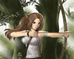 Rule 34 | 1girl, archery, arrow (projectile), bandages, bandaged arm, bandaged hand, bandages, blush, bow (weapon), breasts, brown eyes, brown hair, concentrating, cropped, dirty, dirty face, female focus, highres, koren (a22222u), lara croft, leaves, long hair, medium breasts, moss, pixiv tomb raider contest, plant, ponytail, shirt, solo, sunlight, third-party source, tomb raider, tomb raider (reboot), tree, weapon, white shirt