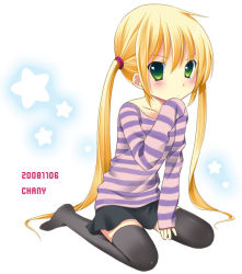 Rule 34 | 00s, blonde hair, chany, green eyes, hayate no gotoku!, sanzen&#039;in nagi, shirt, solo, striped clothes, striped shirt, thighhighs, twintails
