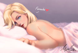Rule 34 | 1girl, alternate hairstyle, back, bad id, bad pixiv id, bed, bed sheet, blonde hair, blue eyes, blurry, completely nude, covering privates, depth of field, eyelashes, eyeliner, female focus, hair down, hand up, heart, lips, lipstick, looking at viewer, lying, makeup, mercy (overwatch), nose, nude, nude cover, nyasa, on bed, on stomach, open mouth, overwatch, overwatch 1, parted bangs, pillow, pink lips, pov across bed, short hair, signature, single bare arm, solo, under covers