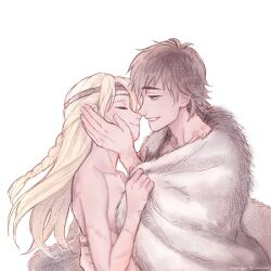 Rule 34 | 1boy, 1girl, arm around waist, astrid hofferson, blanket, blonde hair, blue eyes, braid, brown hair, closed eyes, couple, from side, fur blanket, green eyes, grin, hairband, happy, headband, hiccup horrendous haddock iii, how to train your dragon, husband and wife, imminent kiss, long hair, noses touching, seoyeon, short hair, simple background, smile, upper body, white background, wrapped