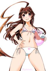Rule 34 | 1girl, ahoge, animal print, bear print, bikini, brown eyes, brown hair, cowboy shot, flat chest, from below, front-tie top, gluteal fold, hand on own hip, highres, huge ahoge, inflatable toy, kantai collection, kuma (kancolle), long hair, looking at viewer, print bikini, side-tie bikini bottom, simple background, smile, sogabe toshinori, solo, swimsuit, twitter username, white background, white bikini