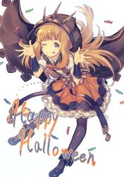 Rule 34 | 1girl, :p, adapted costume, belt, blonde hair, blue eyes, blue sailor collar, boots, bow, bowtie, bracer, cagliostro (granblue fantasy), cagliostro (halloween) (granblue fantasy), candy, cloak, fingernails, food, frilled skirt, frills, full body, granblue fantasy, halloween, highres, hood, hood up, kotoribako, looking at viewer, nail polish, one eye closed, orange bow, orange bowtie, orange nails, orange skirt, pantyhose, puffy short sleeves, puffy sleeves, purple footwear, purple pantyhose, sailor collar, school uniform, serafuku, short sleeves, skirt, solo, suspender skirt, suspenders, tongue, tongue out, white background