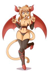 Rule 34 | 1girl, :3, absurdres, animal ears, boots, breasts, cat ears, cat girl, cat tail, claw pose, cleavage, cosplay, curvy, demon girl, demon girl (cosplay), demon wings, fake horns, fake wings, fang, furry, furry female, goya (lucyfer), halloween costume, highres, horns, jumping, large breasts, long hair, looking at viewer, lucyfer, nail polish, original, simple background, smile, standing, standing on one leg, tail, thong, wide hips, wings