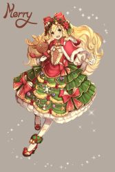 Rule 34 | 1girl, bell, blonde hair, bow, bowtie, box, braid, capelet, center frills, character name, christmas, christmas garland, christmas ornaments, christmas wreath, commentary request, dolce (dolsuke), dress, frilled sleeves, frills, full body, fur trim, gift, gift box, gloves, grey background, hair bobbles, hair bow, hair ornament, head wreath, high heels, holding, holding stuffed toy, lolita fashion, long hair, looking at viewer, open mouth, original, petticoat, print legwear, red bow, red bowtie, reindeer print, simple background, smile, solo, sparkle, star (symbol), stuffed animal, stuffed reindeer, stuffed toy, white gloves, wreath, yellow eyes