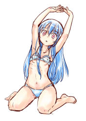 Rule 34 | 1girl, armpit crease, armpits, arms up, bare arms, bare legs, bare shoulders, barefoot, blue hair, blush, bra, collarbone visible through hair, commentary request, dot nose, full body, gluteal fold, hinanawi tenshi, hip focus, interlocked fingers, leaning to the side, light blue hair, long hair, looking at viewer, naegi (naegidokoro), navel, pale color, panties, parted lips, petite, red eyes, ribs, simple background, sitting, sketch, solo, straight hair, stretching, touhou, underwear, underwear only, wariza, white background