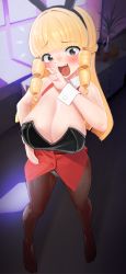 Rule 34 | 1girl, absurdres, blonde hair, breasts, cleavage, curly hair, fang, fishnets, highres, kaneda mochiko, large breasts, leotard, noperori, ojou-sama pose, open mouth, playboy bunny, rabbit ears, smug, solo