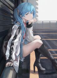 Rule 34 | 1girl, absurdres, black footwear, blue eyes, blue hair, boots, earrings, hair ribbon, hand on own chin, high heel boots, high heels, highres, hoop earrings, jacket, jenmin12, jewelry, long hair, long sleeves, looking at viewer, multicolored clothes, multicolored jacket, original, outdoors, parking lot, ribbed sweater, ribbon, sitting, solo, sweater, twintails