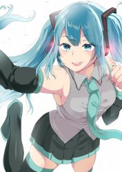 Rule 34 | 1girl, :d, absurdres, armpits, bare shoulders, black thighhighs, blue eyes, blue hair, breasts, detached sleeves, hatsune miku, headphones, highres, long hair, looking at viewer, necktie, open mouth, skirt, smile, solo, teeth, thighhighs, twintails, vocaloid, yac (mokkori)