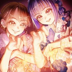 Rule 34 | 2girls, alternate hairstyle, assault lily, braid, braided ponytail, brown eyes, brown hair, commentary, fingernails, fireworks, floral print, flower, from behind, from below, fukuyama jeanne sachie, grin, hair flower, hair ornament, hair over shoulder, hand on own knee, hand up, highres, holding, holding fireworks, japanese clothes, kimono, komuzuka, long hair, long sleeves, looking at object, looking down, low ponytail, mole, mole above mouth, mole under mouth, multiple girls, nakamura yukari (voice actor), night, outdoors, parted lips, pink eyes, print kimono, purple flower, purple hair, purple kimono, real life, senkou hanabi, short hair, short sleeves, side-by-side, side ponytail, single braid, smile, sparkler, squatting, swept bangs, symbol-only commentary, teeth, upper body, upper teeth only, voice actor, voice actor connection, white kimono, wide sleeves, yukata