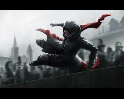 Rule 34 | 1840, 1girl, assassin&#039;s creed (series), belt, brown hair, cape, crowd, evie frye, gloves, hat, hood, jumping, letterboxed, outdoors, partially colored, sky, solo, standing, tower