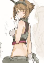 Rule 34 | 10s, 2girls, absurdres, bare shoulders, breasts, brown hair, butt crack, cosmic (crownclowncosmic), gloves, green eyes, hairband, headgear, highres, kantai collection, midriff, multiple girls, mutsu (kancolle), nagato (kancolle), one eye closed, partially colored, short hair, translation request