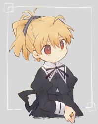 Rule 34 | 1girl, ahoge, andou tazusa, arm at side, assault lily, black ribbon, black skirt, blonde hair, buttons, closed mouth, commentary request, cropped jacket, cropped torso, grey background, hair between eyes, hair ribbon, high-waist skirt, highres, inset border, jewelry, juliet sleeves, long sleeves, looking ahead, neck ribbon, ponytail, puffy sleeves, red eyes, ribbon, ring, school uniform, short hair, simple background, skirt, solo, standing, striped ribbon, toyo (sameden46), upper body, yurigaoka girls academy school uniform