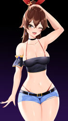 Rule 34 | 1girl, ;d, absurdres, alternate costume, amber (genshin impact), arm garter, armpits, bad id, bad pixiv id, black background, black choker, blue shorts, breasts, brown hair, choker, cleavage, collarbone, genshin impact, gradient background, hairband, highres, long hair, looking to the side, medium breasts, midriff, mutsu ane daisuki, nail polish, navel, one eye closed, open mouth, red hairband, short shorts, shorts, smile, solo, thighs, wide hips, yellow eyes