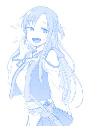 Rule 34 | 1girl, asuna (sao), belt, blue theme, braid, commentary request, crown braid, french braid, hand up, himura kiseki, long hair, long sleeves, looking at viewer, monochrome, open mouth, rapier, sheath, shirt, skirt, solo, sword, sword art online, upper body, vest, weapon, white background