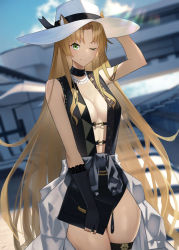 Rule 34 | 1girl, animal ears, arknights, bag, black choker, black gloves, black one-piece swimsuit, black ribbon, blonde hair, bow, breasts, center opening, choker, cleavage, closed mouth, ears through headwear, fingerless gloves, gloves, green eyes, hat, highres, holding, holding bag, jewelry, long hair, looking at viewer, medium breasts, necklace, official alternate costume, one-piece swimsuit, one eye closed, parted bangs, pearl necklace, raitho, ribbon, single glove, sleeveless, smile, solo, sun hat, swimsuit, swire (arknights), thigh strap, tiger ears, tiger girl, white hat