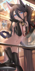 Rule 34 | 1girl, absurdly long hair, animal ears, aris (blue archive), bell, belt collar, black collar, black gloves, black hair, black thighhighs, blue archive, blue eyes, blue halo, blurry, blurry background, blush, cameltoe, cat ears, cat tail, cleft of venus, collar, covered erect nipples, covered pussy, cup, drinking glass, elbow gloves, fake animal ears, from below, fuyouchu, glass table, gloves, hair between eyes, halo, heart maebari, highres, indoors, jingle bell, leaning forward, leaning on table, leash, long hair, looking at viewer, maebari, navel, neck bell, nude, one side up, open mouth, smile, solo, rectangular halo, swivel chair, table, tail, thighhighs, very long hair