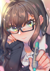 Rule 34 | 1girl, arm support, black-framed eyewear, black sweater, brown hair, buttons, cherry blossoms, closed mouth, collarbone, collared shirt, commentary request, dress shirt, glasses, green eyes, hair between eyes, highres, holding, holding marker, holding pen, long hair, looking at viewer, marker, misa-965 39, original, pen, school uniform, semi-rimless eyewear, shirt, sleeves past wrists, smile, solo, sweater, under-rim eyewear, uniform, white shirt