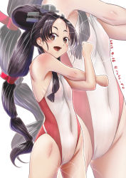 Rule 34 | 1girl, alternate costume, black hair, brown eyes, commentary request, competition swimsuit, covered navel, cowboy shot, dated, hair tie, high ponytail, kantai collection, long hair, looking at viewer, moke ro, multi-tied hair, nisshin (kancolle), one-piece swimsuit, open mouth, red ribbon, ribbon, short eyebrows, simple background, solo, standing, stretching, swimsuit, thick eyebrows, twitter username, very long hair, wet, wet clothes, wet swimsuit, white background, white one-piece swimsuit, zoom layer