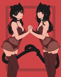 Rule 34 | 2girls, animal ears, babydoll, black babydoll, black choker, black hair, black panties, black thighhighs, cat ears, cat tail, chainsaw man, choker, cross scar, facial scar, holding hands, lace-trimmed babydoll, lace trim, long hair, looking at viewer, mitaka asa, moshimoshibe, multiple girls, panties, red eyes, ringed eyes, scar, scar on cheek, scar on face, smile, tail, thighhighs, underwear, yoru (chainsaw man)