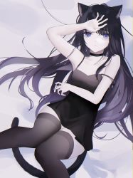 Rule 34 | 1girl, absurdres, animal ears, babydoll, bare arms, bare shoulders, black choker, black dress, breasts, brown thighhighs, cat ears, cat girl, cat tail, choker, closed mouth, dot nose, dress, fingernails, hair spread out, highres, knees together feet apart, long hair, looking at viewer, lying, migihidari (puwako), nail polish, on back, original, purple eyes, purple hair, purple nails, small breasts, solo, strap slip, tail, tears, thighhighs, very long hair