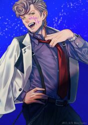 Rule 34 | 1boy, :d, adjusting clothes, adjusting necktie, amaguni hitoya, belt, black pants, blue background, brown hair, chain, dated, facial hair, green eyes, grey shirt, hypnosis mic, jacket, looking at viewer, male focus, necktie, open mouth, pants, red necktie, shirt, shunkashuntou, smile, solo, stubble, suspenders, watch, wristwatch