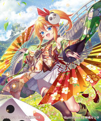 Rule 34 | 1girl, :d, architecture, blue eyes, blue sky, bridge, cloud, day, detached sleeves, dice, dual wielding, dutch angle, east asian architecture, fang, field, floral print, hair ornament, hand fan, holding, japanese clothes, kamui natsuki, kimono, official art, open mouth, outdoors, panda hair ornament, paper fan, ponytail, sengoku saga, sidelocks, sky, smile, standing, watermark, wide sleeves