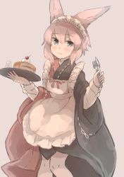 Rule 34 | 1girl, :3, absurdres, animal ears, apron, bad id, bad pixiv id, black kimono, blue eyes, blush, breasts, brown background, closed mouth, commentary request, food, fork, hair between eyes, highres, holding, holding fork, holding knife, holding tray, japanese clothes, kimono, knife, long sleeves, looking at viewer, maid apron, maid headdress, multicolored clothes, multicolored kimono, original, pancake, pancake stack, pink hair, rabbit ears, red kimono, ribbon trim, shirt, simple background, small breasts, solo, tray, tsukiori, white apron, white shirt