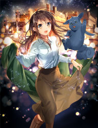 Rule 34 | 1girl, :d, boots, brown eyes, brown footwear, brown hair, castle, highres, isekai de &quot;kuro no iyashi te&quot;, knee boots, long hair, long skirt, murakami yuichi, night, night sky, open mouth, original, skirt, skirt hold, sky, smile, solo, sparkle, star (sky), starry sky
