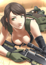 Rule 34 | 1girl, artist name, ass, belt, bikini, black bikini, blurry, boots, breasts, brown hair, cleavage, depth of field, gloves, grass, green eyes, gun, large breasts, looking at viewer, lying, md5 mismatch, metal gear (series), metal gear solid v: the phantom pain, on stomach, pantyhose, perspective, polarityplus, quiet (metal gear), rifle, sniper rifle, solo, suspenders, swimsuit, torn clothes, torn pantyhose, utility belt, watermark, weapon