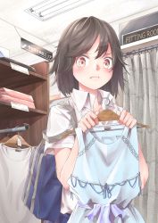 Rule 34 | 12 graka, 1girl, absurdres, backpack, bag, blush, brown eyes, brown hair, clothes hanger, curtains, dress shirt, fitting room, frown, highres, indoors, looking at viewer, original, shelf, shirt, solo, standing, uniform, white shirt