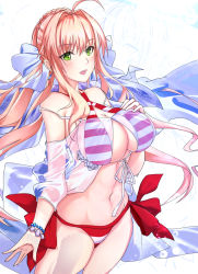 Rule 34 | 1girl, ahoge, antiqq, bead bracelet, beads, bikini, blush, bracelet, breasts, cowboy shot, criss-cross halter, fate/grand order, fate (series), green eyes, hair intakes, halterneck, jewelry, large breasts, long hair, looking at viewer, navel, nero claudius (fate), nero claudius (fate) (all), nero claudius (swimsuit caster) (fate), nero claudius (swimsuit caster) (third ascension) (fate), parted lips, side-tie bikini bottom, sidelocks, simple background, smile, solo, stomach, striped bikini, striped clothes, swimsuit, twintails, white background