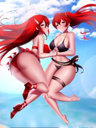 Rule 34 | 2girls, adapted costume, ankle ribbon, ass, barefoot, beach, bikini, black bikini, breasts, cordelia (fire emblem), day, feet, fire emblem, fire emblem awakening, fire emblem heroes, hair ornament, high heels, highres, holding hands, interlocked fingers, jaxdrawz, leg ribbon, long hair, looking at viewer, mother and daughter, multiple girls, nintendo, official alternate costume, red bikini, red eyes, red hair, ribbon, severa (fire emblem), stomach, swimsuit, thigh strap, thighs, twintails, wide hips, yuri
