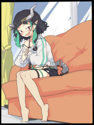 Rule 34 | 1girl, barefoot, black hair, black shorts, blue hair, blush, commentary request, couch, demon girl, demon horns, demon tail, fang, flat chest, full body, grey choker, grey sweater, grey tank top, hair ornament, hairclip, highres, horns, indoors, long sleeves, looking at viewer, medium hair, multicolored hair, nanashi inc., off shoulder, official alternate costume, open mouth, own hands together, pointy ears, red eyes, shishio chris, shishio chris (2nd costume), short shorts, shorts, sitting, solo, strap slip, sugar lyric, sweater, tail, tank top, tomatojam, two-tone hair, virtual youtuber