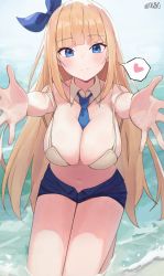 Rule 34 | 1girl, arms up, bare arms, bare shoulders, between breasts, bikini, bikini top only, blonde hair, blue eyes, blue shorts, breasts, cleavage, closed mouth, collarbone, commission, detached collar, hair ribbon, heart, highres, large breasts, long hair, looking at viewer, micro shorts, minn (kangjm1107), navel, necktie, necktie between breasts, open fly, original, outstretched arms, ribbon, second-party source, short shorts, shorts, skindentation, smile, solo, spaghetti strap, spoken heart, stomach, strap slip, string bikini, swimsuit, thighs, very long hair, water, white bikini