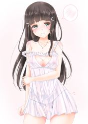 Rule 34 | 10s, 1girl, arm at side, bare arms, bare shoulders, black hair, black panties, blunt bangs, blush, breasts, cleavage, cleavage cutout, closed mouth, clothing cutout, collarbone, contrapposto, cowboy shot, dress, embarrassed, frapowa, frown, gluteal fold, green eyes, hair ornament, hairclip, heart, jewelry, kurosawa dia, long hair, looking away, looking to the side, love live!, love live! sunshine!!, medium breasts, mole, mole under mouth, necklace, nipples, panties, pendant, pink background, see-through, simple background, sleeveless, sleeveless dress, solo, speech bubble, spoken blush, standing, straight hair, strap slip, tearing up, tears, underwear, white dress