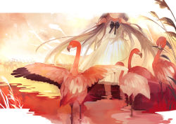 Rule 34 | 1girl, bad id, bad pixiv id, bird, bunching hair, cattail, dress, flamingo, head out of frame, light smile, long hair, nineo, original, plant, solo, twintails, very long hair, wading, water, white dress