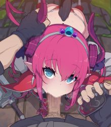 Rule 34 | 1girl, @ @, armor, blue eyes, blush, breasts, censored, curled horns, dragon horns, dragon tail, elizabeth bathory (brave) (fate), elizabeth bathory (fate), erection, fate/grand order, fate (series), fellatio, fujimaru ritsuka (male), fujimaru ritsuka (male) (polar chaldea uniform), hairband, horns, kakure eria, long hair, looking at viewer, mosaic censoring, oral, penis, pink hair, pointy ears, red armor, slime (substance), small breasts, tail, thighhighs