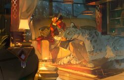 Rule 34 | akai 999, animal, animal ear fluff, arknights, book, bookshelf, brown hair, brown pants, character request, commentary request, couch, desk lamp, fringe trim, highres, indoors, lamp, leopard, long sleeves, night, on couch, open book, pants, pillow, red scarf, scarf, shirt, sitting, sleeves past wrists, slippers, white footwear, white shirt, window, wooden floor