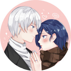 Rule 34 | 1boy, 1girl, black jacket, blue eyes, blue hair, blue nails, blush, brown background, brown scarf, commentary request, couple, from side, g4265059, grey hair, grey sweater, heart, highres, holding hands, jacket, jewelry, kaneki ken, kirishima touka, looking at another, nail polish, palms together, profile, red lips, ring, round image, scarf, short hair, spoken blush, sweater, tokyo ghoul, tokyo ghoul:re, white background