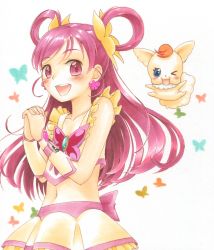 Rule 34 | &gt; o, 00s, 1girl, arm warmers, blue eyes, blush, bug, butterfly, butterfly hair ornament, coco (yes! precure 5), cure dream, earrings, frilled skirt, frilled sleeves, frills, gloves, hair ornament, hair rings, half updo, insect, jewelry, long hair, magical girl, mascot, midriff, navel, one eye closed, open mouth, pink eyes, pink hair, precure, ribbon, simple background, skirt, smile, solo, twintails, watayuki, watch, white background, yes! precure 5, yumehara nozomi