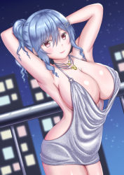 Rule 34 | 1girl, armpits, arms behind head, azur lane, backless dress, backless outfit, bare shoulders, blue hair, breasts, cityscape, cleavage, contrapposto, dress, evening gown, hair between eyes, hair ornament, hairclip, halter dress, halterneck, highres, jewelry, large breasts, long hair, looking at viewer, nabeshiita (atsuryoku nabe), necklace, night, night sky, no bra, official alternate costume, pink eyes, plunging neckline, revealing clothes, shiny skin, sidelocks, silver dress, sky, solo, st. louis (azur lane), st. louis (luxurious wheels) (azur lane)