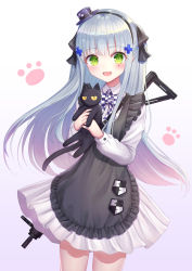 Rule 34 | 1girl, :d, animal, apron, assault rifle, bad id, bad pixiv id, black apron, black bow, black cat, black hairband, blouse, blush, bow, cat, checkered bow, checkered clothes, collared shirt, commentary, facial mark, frilled apron, frills, girls&#039; frontline, gradient background, green eyes, gun, h&amp;k hk416, hair bow, hair ornament, hairband, hat, highres, hk416 (black kitty&#039;s gift) (girls&#039; frontline), hk416 (girls&#039; frontline), holding, holding animal, jitome, long hair, looking at viewer, mini hat, name connection, object namesake, official alternate costume, open mouth, pleated skirt, purple background, purple headwear, rifle, seungju lee, shirt, silver hair, skirt, smile, solo, standing, tilted headwear, very long hair, weapon, weapon on back, white background, white shirt, white skirt
