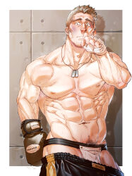 Rule 34 | 1boy, abs, bandaged hand, bandages, bandaid, bandaid on cheek, bandaid on face, bara, black shorts, blonde hair, boxing gloves, bruise, bulge, clothes pull, dog tags, edging underwear, facial hair, feet out of frame, highres, hima (nichikan), injury, jewelry, jockstrap, large pectorals, long sideburns, looking at viewer, male focus, male underwear, male underwear peek, mature male, muscular, muscular male, navel, navel hair, necklace, nipples, original, pectorals, raised eyebrows, short hair, shorts, shorts pull, sideburns, solo, spiked hair, steaming body, stomach, stubble, thick eyebrows, thick thighs, thighs, topless male, underwear, veins, veiny arms, white male underwear