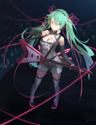 Rule 34 | 10s, 1girl, 2015, aqua eyes, aqua hair, bare shoulders, black gloves, breasts, cable, cancer (zjcconan), character name, cleavage, elbow gloves, electric guitar, full body, gloves, guitar, hatsune miku, instrument, long hair, nijigen dream fever (vocaloid), ribbon, signature, simple background, smile, solo, standing, thighhighs, twintails, very long hair, vocaloid