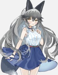 Rule 34 | 1girl, animal ears, blue choker, blue shirt, blue skirt, blush, bracelet, choker, commentary request, cowboy shot, earrings, extra ears, fox ears, fox girl, fox tail, frilled shirt, frills, grey hair, hair ornament, hairclip, highres, jewelry, kemono friends, kemono friends 3, long hair, megumi 222, multicolored hair, necklace, official alternate costume, orange eyes, pleated skirt, shirt, silver fox (kemono friends), skirt, sleeveless, solo, striped clothes, striped shirt, tail, two-tone shirt, white hair, white shirt