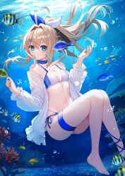 Rule 34 | 1girl, absurdres, ahoge, aoe ui, barefoot, bikini, blonde hair, blue choker, blue eyes, breasts, bubble, choker, closed mouth, commentary request, coral, feet, fish, floating hair, full body, hair intakes, hair ornament, hair ribbon, hairclip, highres, jacket, long hair, long sleeves, looking at viewer, navel, ocean, original, ponytail, ribbon, small breasts, solo, submerged, swimsuit, thigh strap, thighs, toes, underwater, white bikini, white jacket