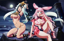 Rule 34 | + +, 2girls, absurdres, ancient princess menace, animal ears, arms up, blush, breasts, censored, cleavage, cloud, convenient censoring, highres, huge breasts, kneeling, long hair, melona (queen&#039;s blade), melona (queen's blade), menace (queen&#039;s blade), menace (queen's blade), monster girl, moon, multiple girls, night, non-web source, official art, open mouth, panties, pink hair, protean assassin melona, queen&#039;s blade, rabbit ears, revealing clothes, rin-sin, setra, short hair, sideboob, sky, slime girl, striped clothes, striped panties, underboob, underwear, very long hair